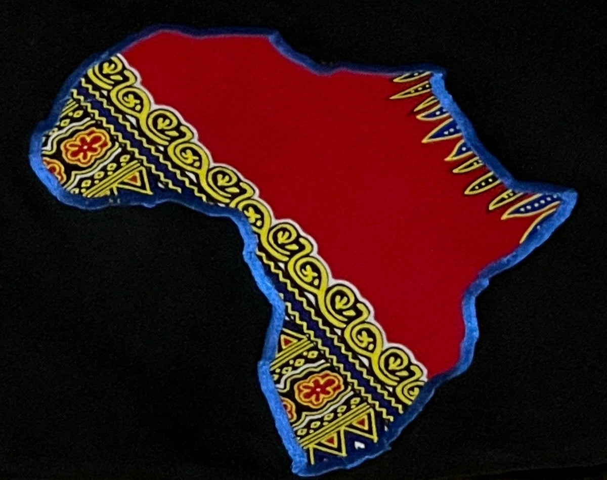 Close-up of the Red Dashiki Africa appliqué with blue stitched edge