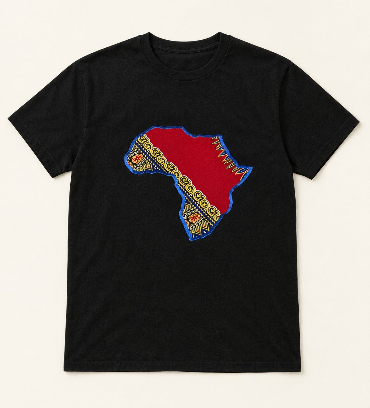 Red Dashiki Africa appliqué on a black T-shirt, flat lay