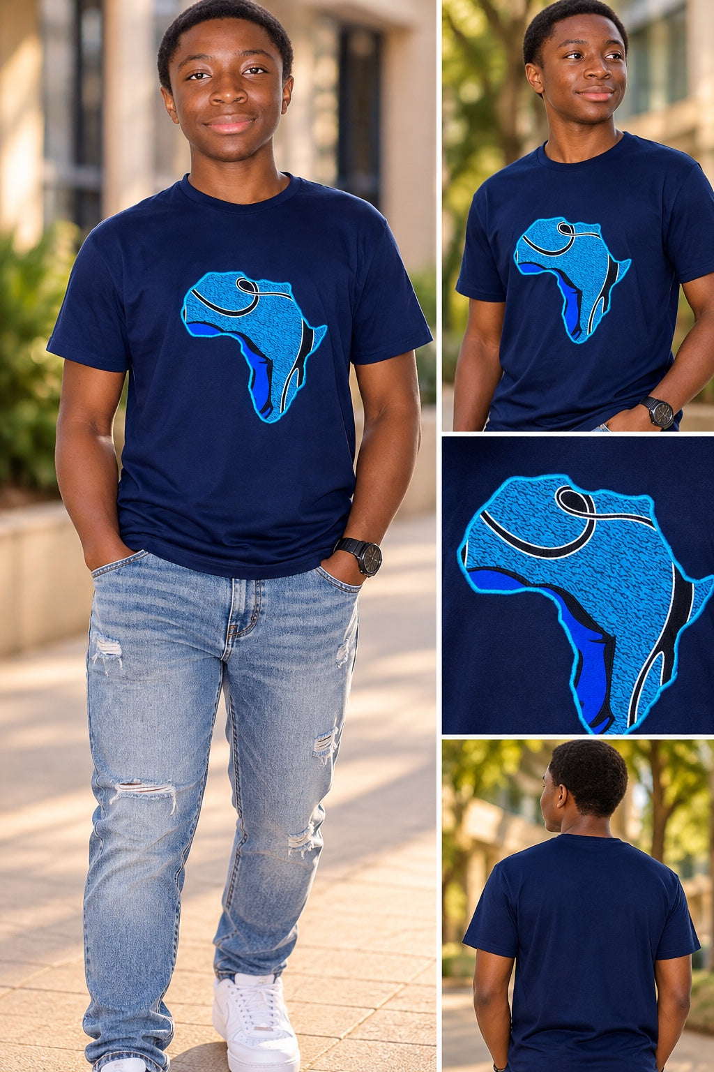 Blue Ankara Africa appliqué on a navy T-shirt, front, close-up and back views