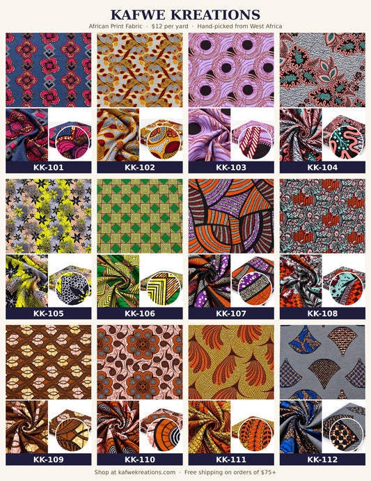 All 12 African print fabric designs, KK-101 to KK-112, Kafwe Kreations