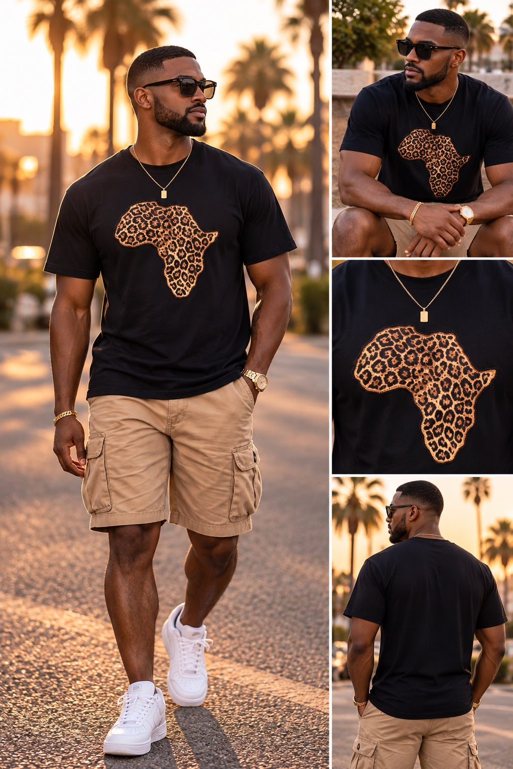 Leopard print Africa appliqué on a black T-shirt, men's styling