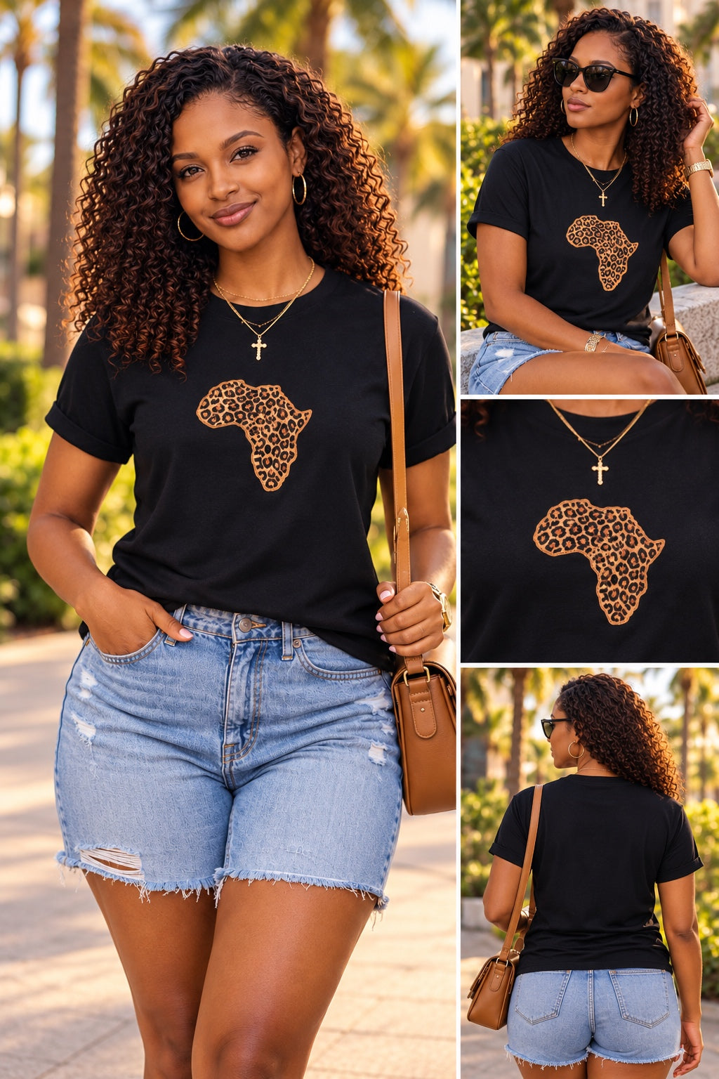 Leopard print Africa appliqué on a black T-shirt, women's styling